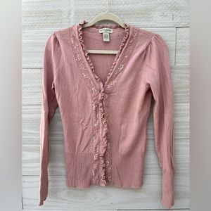 Banana Republic Sweater with Puff Sleeves Lace Ruffled Button Up Carnigan Angora